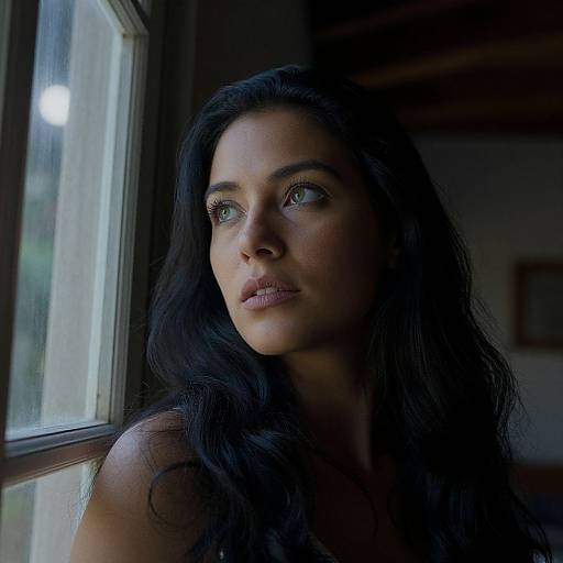 Photograph of a pensive woman with long black hair, green eyes, and subtle makeup, gazing out a dimly lit window.