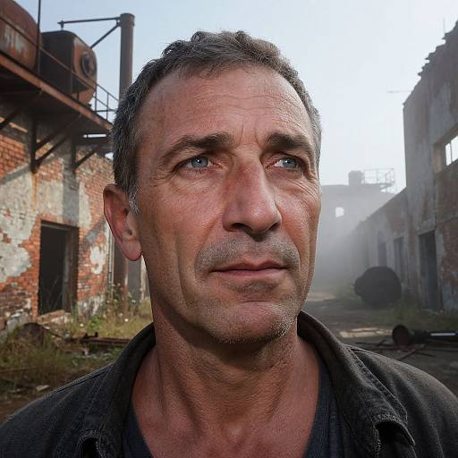 Photograph of a middle-aged man with short gray hair, stubble, and blue eyes, standing in an abandoned, misty, industrial ruin.