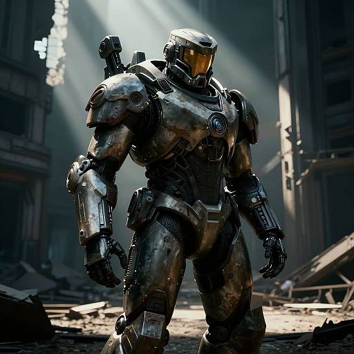 Photorealistic CGI of a muscular, metallic, futuristic warrior robot with a yellow-tinted visor standing in a dark, sunlit, ruined