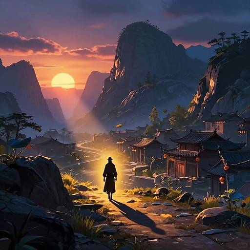 Digital art of a silhouetted figure in a traditional robe standing in a sunlit, mountainous village at sunset, with colorful skies and ancient