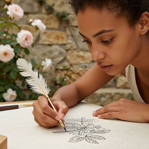 Photograph of a focused young woman with dark curly hair, light brown skin, and delicate features, using a white feather quill to ink a detailed