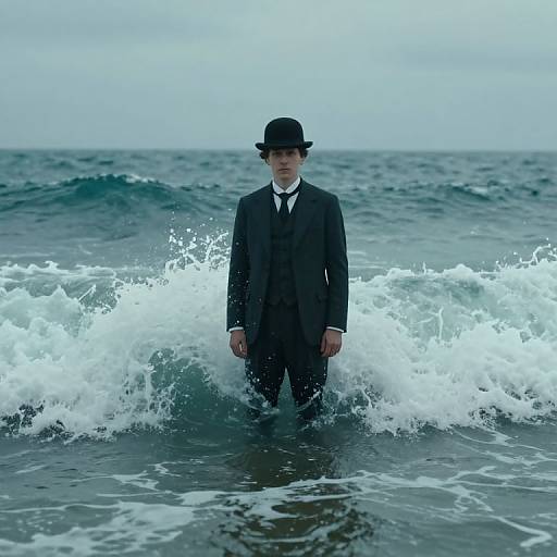 Photograph of a solemn man in a black suit and bowler hat standing in ocean waves, white foam splashing around him under a cloudy sky.