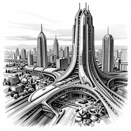 Black-and-white digital drawing of a futuristic cityscape with sleek, curved skyscrapers and complex highway systems, featuring detailed line work.