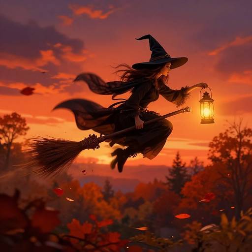 Silhouetted witch flying on broomstick at sunset, holding lantern, with autumn leaves and trees in vibrant orange and purple sky.
