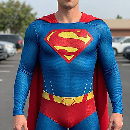 Photograph of a man in a blue and red Superman costume with a yellow belt and red cape, standing in a parking lot.