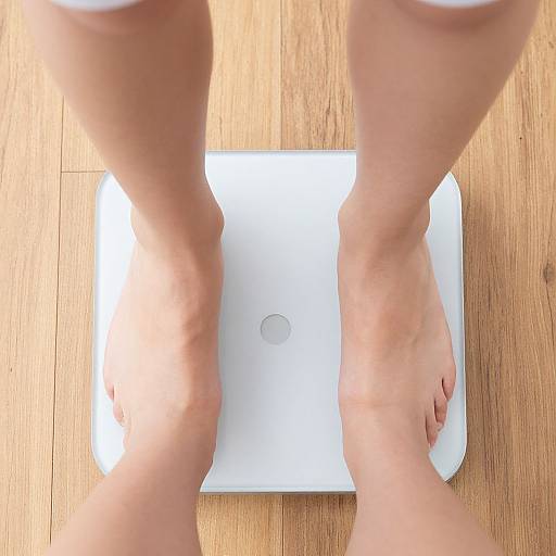Photograph of a person's bare feet standing on a white digital scale with a central circular button, on a wooden floor.