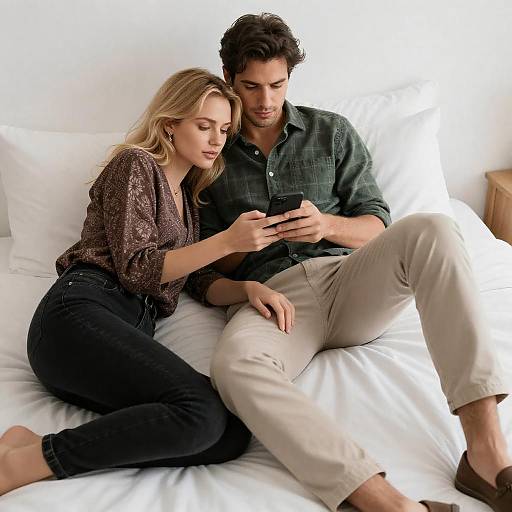 Couple Using Phone on Bed