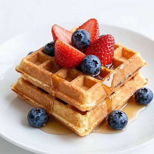 Photograph of golden-brown pancakes stacked with juicy strawberries, blueberries, and syrup on a white plate, with additional berries scattered around.