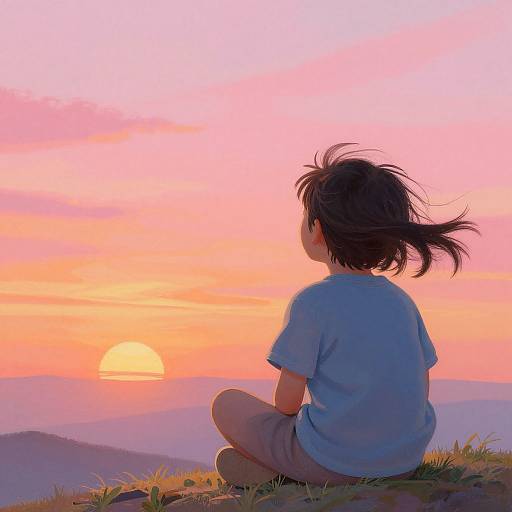 Digital anime-style illustration of a child with black hair, wearing a blue shirt and beige shorts, sitting on a grassy hill, watching a pink and