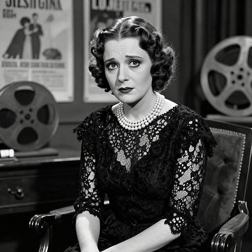Black-and-white photograph of a 1940s-style woman with wavy hair, wearing a lace dress and pearl necklace, sitting in a film studio