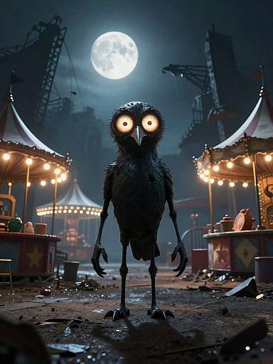 CGI image of a creepy, dark-feathered bird with glowing orange eyes, standing in a moonlit, abandoned carnival with lit-up tents and