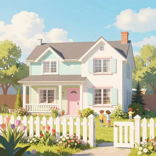 Dreamy Pastel Suburban House Scene