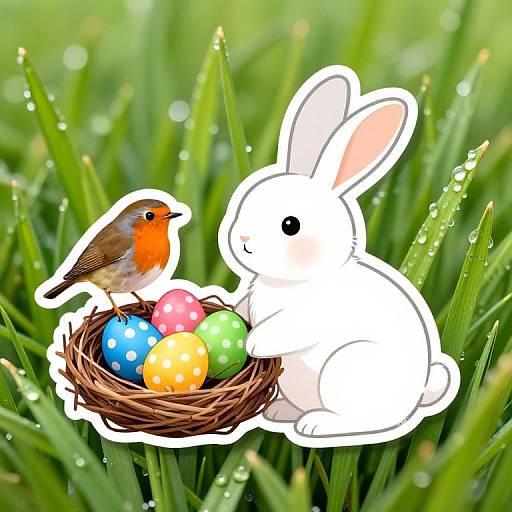 Happy Easter Bunny with Eggs and Robin