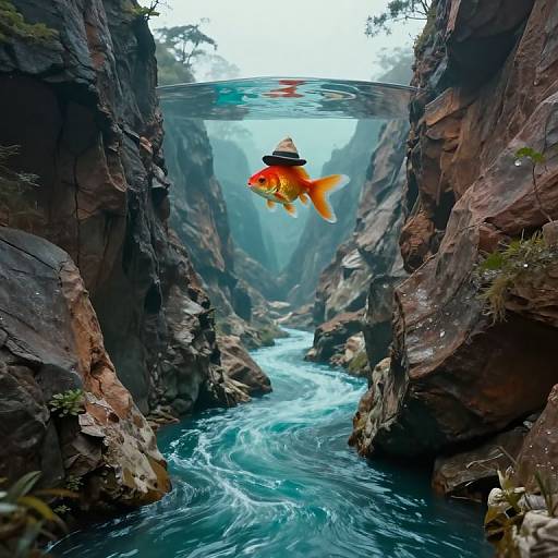 Photograph of a vibrant orange goldfish swimming beneath a narrow, rocky canyon waterfall, with clear blue water and misty, forested background.