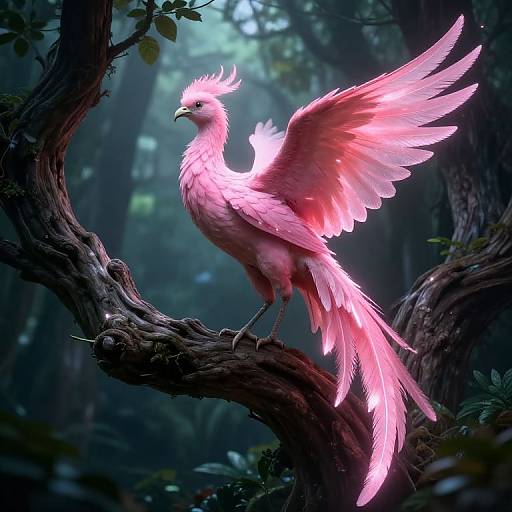 Digital artwork of a radiant pink phoenix with glowing wings perched on a twisted tree branch in a dark, mystical forest.