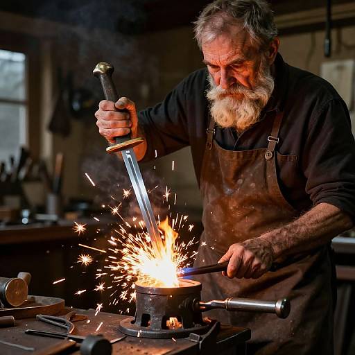 Seasoned Blacksmith Forging Sword with Flames