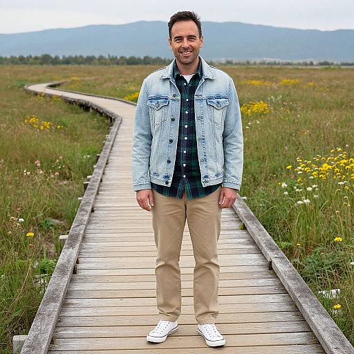 Photograph of a smiling man in a light blue denim jacket, dark plaid shirt, beige pants, and white sneakers, standing on a wooden path