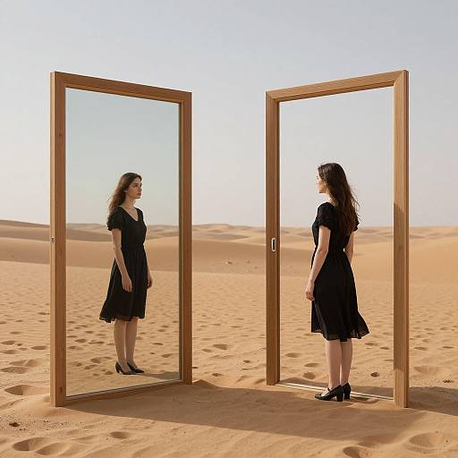 Photograph: Woman in black dress and heels stands in desert, facing mirror, with two wooden-framed mirrors in golden sand dunes.