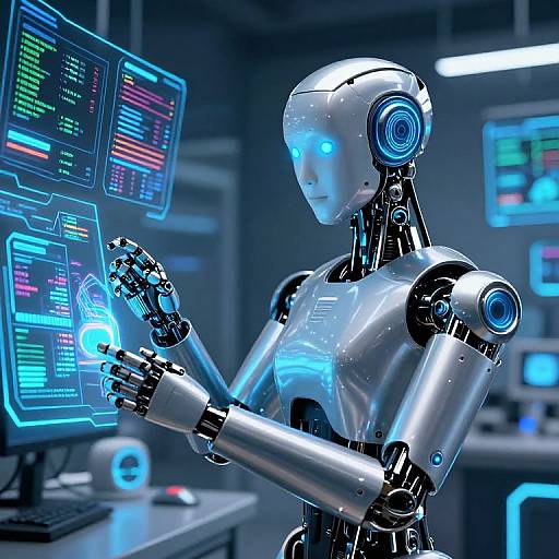 CGI image of a sleek, silver humanoid robot with glowing blue eyes, interacting with neon-lit computer screens in a futuristic tech lab.