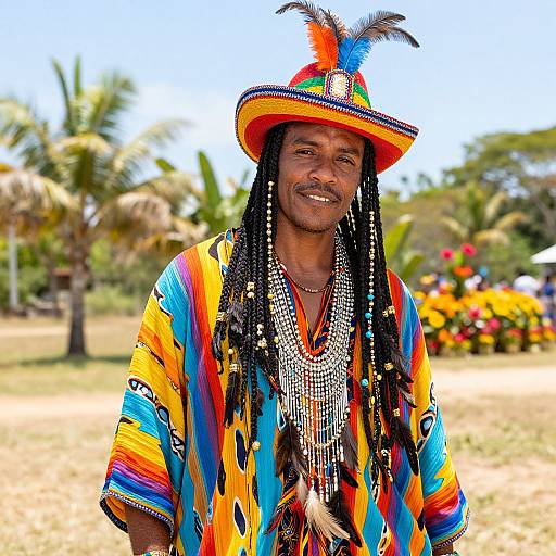 Vibrant Man with Braids and Feathers