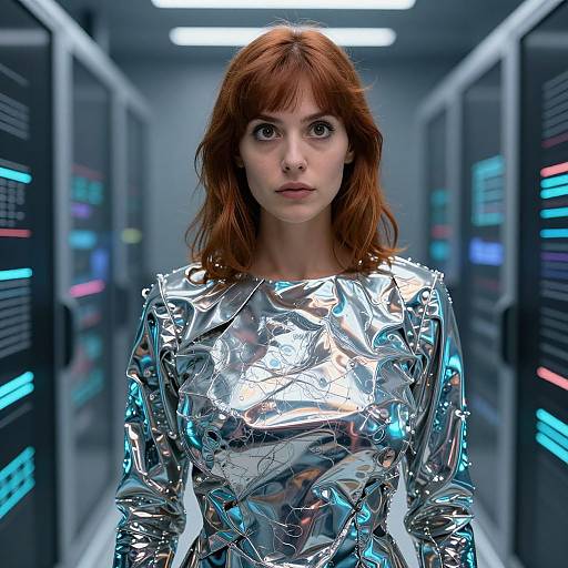 Photograph of a red-haired woman with pale skin wearing a silver foil jumpsuit, standing in a futuristic, brightly lit server room with colorful LED lights