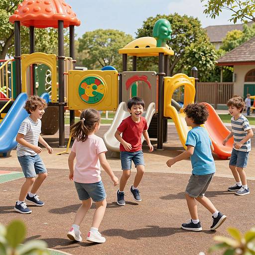 Photograph of five children playing in a colorful, sunlit playground with various climbing structures and slides, wearing casual summer clothes.