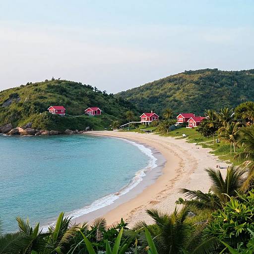 Photograph of a serene tropical beach with golden sand, calm blue ocean, and lush green hills. Red-roofed houses dot the shoreline, surrounded