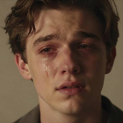 Photograph of a young man with short brown hair, tears streaming down his flushed, slightly bruised face, against a plain gray background.