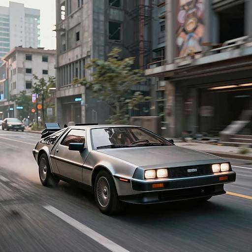 Photograph of a silver, 1980s-era, four-door Ford Mustang driving on a bustling urban street with blurred buildings and traffic lights in the