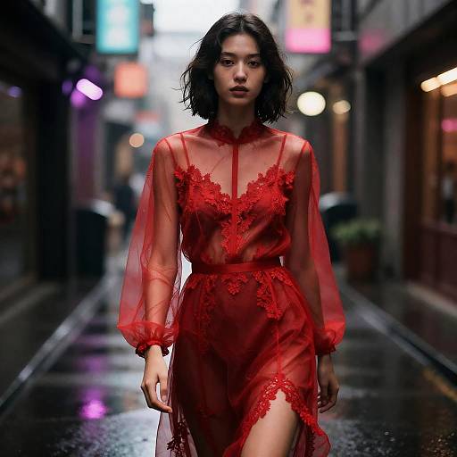 Androgynous Model in Sheer Red Dress