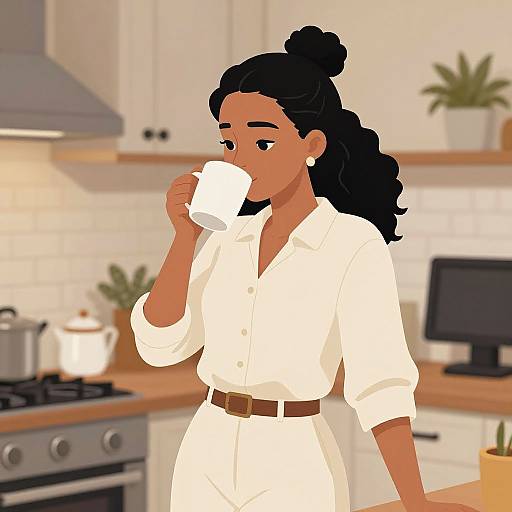 Woman Drinking Coffee in Cozy Kitchen