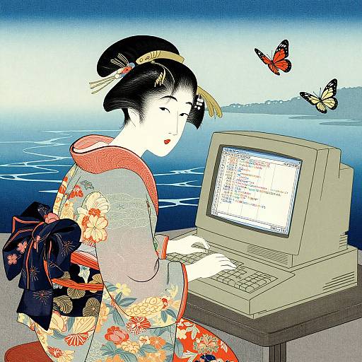 Traditional Japanese woman in floral kimono uses vintage laptop by the sea, two butterflies fly above; vibrant, digital illustration.