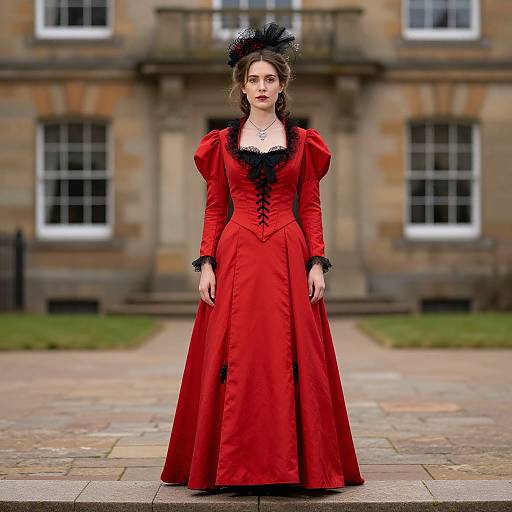 Photograph of a fair-skinned woman in a Victorian-style, red velvet gown with black lace trim and puffed sleeves, standing in front of a