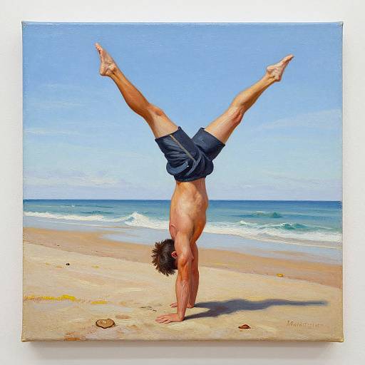 Photograph of a muscular, tan, shirtless man performing a handstand on a sunny beach with blue sky and ocean in background. He's wearing