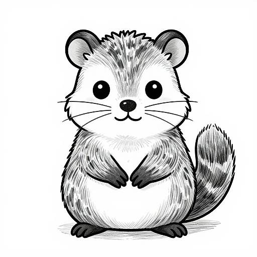 Cute black-and-white digital sketch of a chubby, fluffy ferret with large, round eyes, small ears, and a striped tail, standing on
