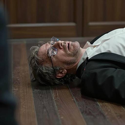 Shocked Man on Dark Wooden Floor