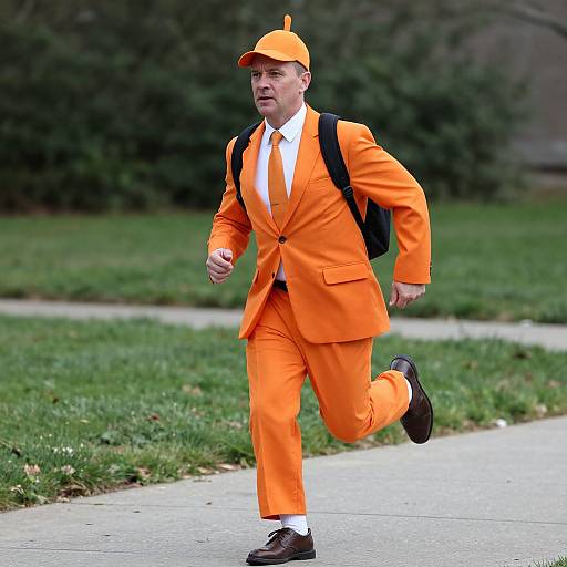 Photograph of a white man jogging in an orange suit, white shirt, orange tie, orange cap, and black backpack, on a sidewalk with green