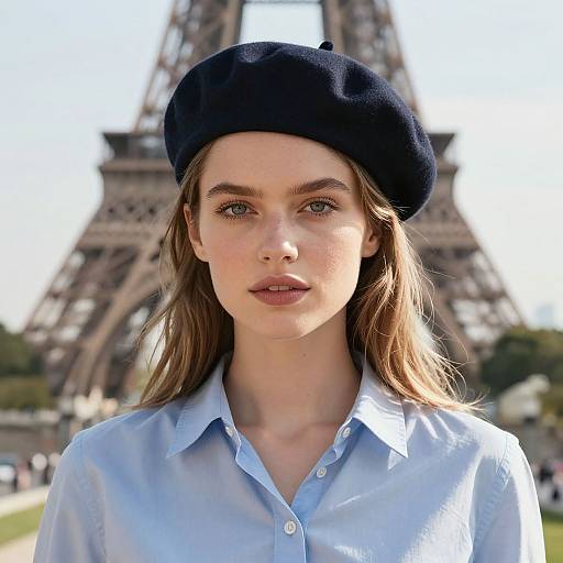 Photograph of a young woman with fair skin, blue eyes, and light brown hair, wearing a black beret and light blue shirt, standing in