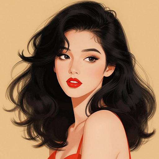 Digital illustration of an Asian woman with wavy black hair, red lipstick, and red dress against a yellow background. She gazes forward with a confident