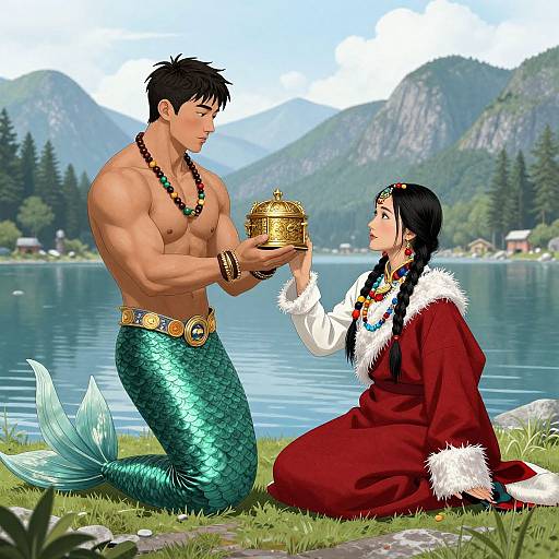 Digital illustration of a muscular merman with green scales kneeling by a lake, presenting a golden box to a black-haired woman in a red fur-trim