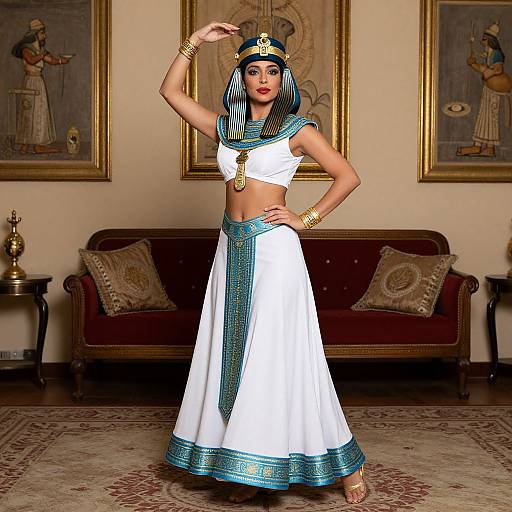 Photograph of an Egyptian woman in a white and turquoise traditional costume, posing in a luxurious living room with Egyptian art.