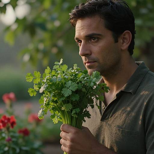 Contemplative Man with Cilantro