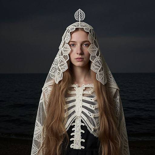 Photograph of a young woman with long brown hair, wearing a white lace veil and skeleton-patterned top, against a dark ocean background.
