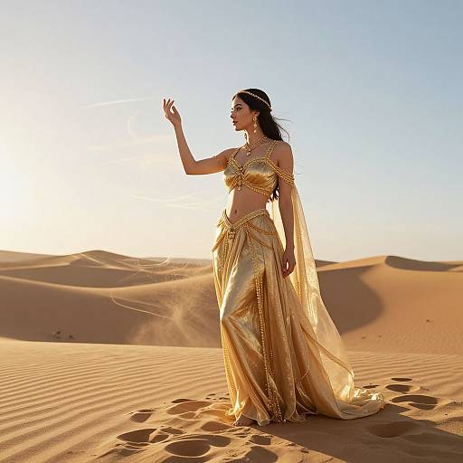 Photograph of a dark-haired woman in a gold, belly-dancer outfit with intricate jewelry, standing in a sunlit desert, casting shadows on golden