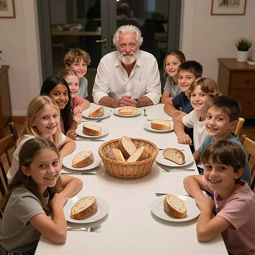 Elderly Man and Children at Dinner Table