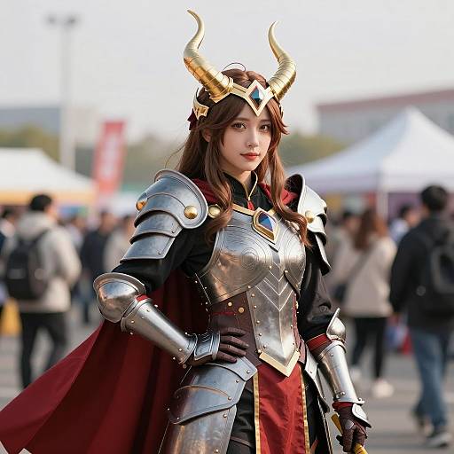 Woman in She-Themed Cosplay Armor with Golden Horns
