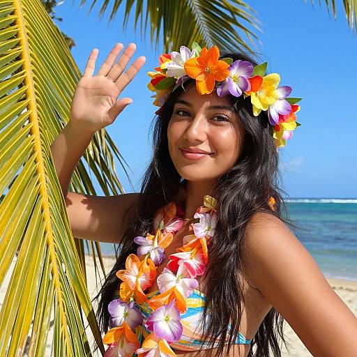 Photograph of a smiling Asian woman with long black hair, wearing a colorful flower lei and head crown, waving by a palm tree on a sunny beach