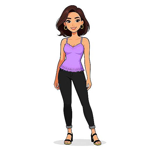 Digital illustration of a smiling woman with medium-length brown hair, wearing a purple lace-trimmed tank top, black skinny pants, and black sandals,