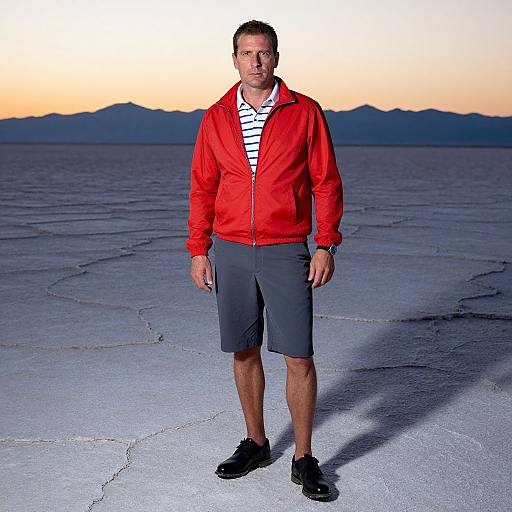 Photograph of a man in a red jacket, black shorts, and sneakers standing on a vast, cracked salt flat at sunset. Mountains silhouette in the