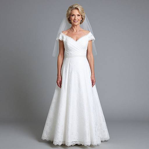 Photograph of a smiling, mature blonde woman in a white, off-shoulder lace wedding dress with a sheer veil, standing against a plain gray